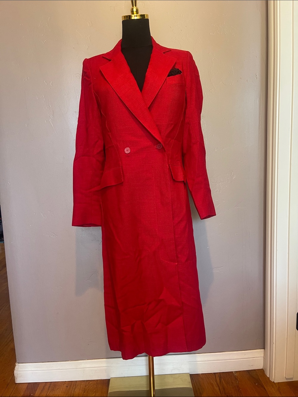 VTG Luba Red Structured Double Breasted Longline Duster Coat Blazer - 5/6